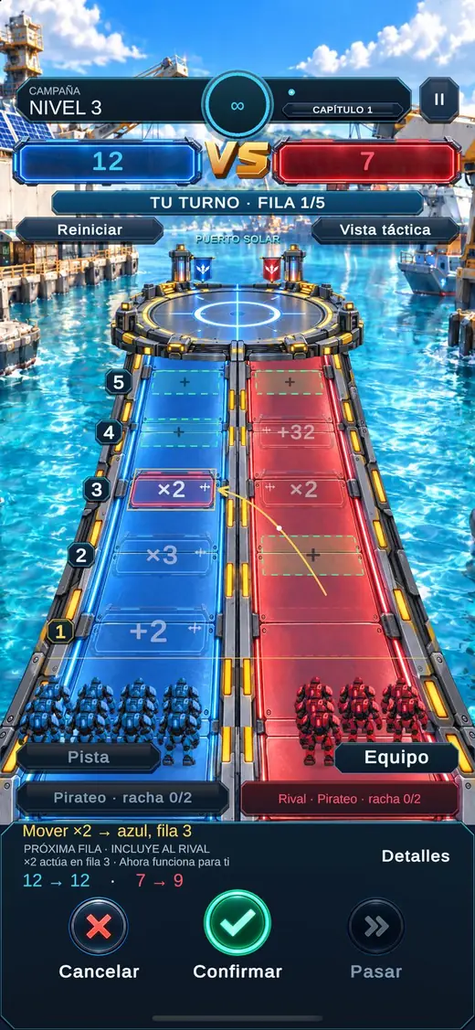 Tablero con dos carriles y puertas ×2, ×3, +2 y +32